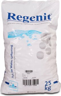 Regenit water-onthardingszout, tabletgrootte &Oslash; 25x13mm, inhoud 25kg, geschikt voor waterontharder ENKEL AFHALEN, verzenden niet mogelijk 